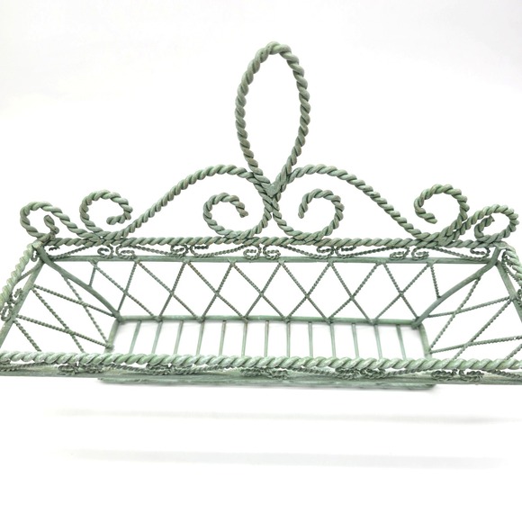 Vintager Style Wrought Iron Wall Basket Sage Green Twisted Wire Design 12x7x4 - Picture 3 of 8
